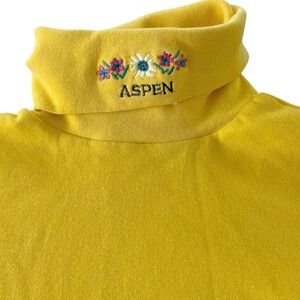 80s 90s Wms Yellow Aspen Embroidered Turtleneck Long Sleeve Top Small Ski Resort